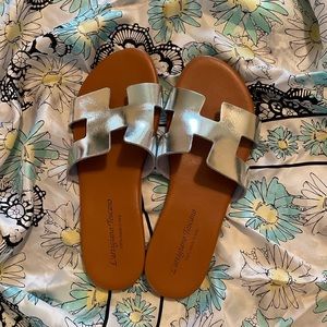 Silver Leather Slide Sandals - Women's